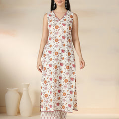 Off White Pure Cotton Printed Lace Work V-Neck Sleeveless Calf Length Straight Kurta Pant And Dupatta Set Mizazjaipur