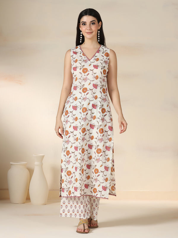Off White Pure Cotton Printed Lace Work V-Neck Sleeveless Calf Length Straight Kurta Pant And Dupatta Set Mizazjaipur