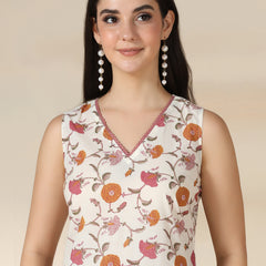 Off White Pure Cotton Printed Lace Work V-Neck Sleeveless Calf Length Straight Kurta Pant And Dupatta Set Mizazjaipur