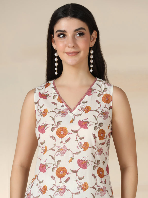 Off White Pure Cotton Printed Lace Work V-Neck Sleeveless Calf Length Straight Kurta Pant And Dupatta Set Mizazjaipur