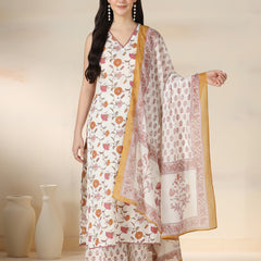 Off White Pure Cotton Printed Lace Work V-Neck Sleeveless Calf Length Straight Kurta Pant And Dupatta Set Mizazjaipur