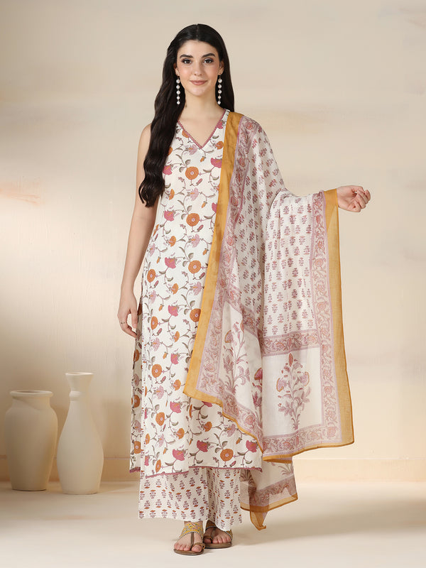 Off White Pure Cotton Printed Lace Work V-Neck Sleeveless Calf Length Straight Kurta Pant And Dupatta Set Mizazjaipur