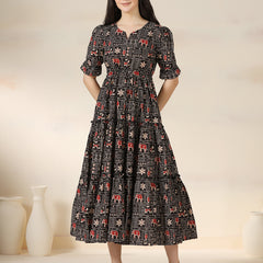 Black Rayon Printed Round Neck Half Sleeves Calf Length Flared Dress Mizazjaipur