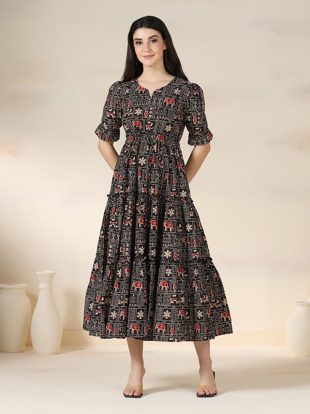 Black Rayon Printed Round Neck Half Sleeves Calf Length Flared Dress Mizazjaipur