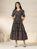 Black Rayon Printed Round Neck Half Sleeves Calf Length Flared Dress Mizazjaipur
