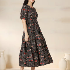 Black Rayon Printed Round Neck Half Sleeves Calf Length Flared Dress Mizazjaipur