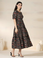 Black Rayon Printed Round Neck Half Sleeves Calf Length Flared Dress Mizazjaipur