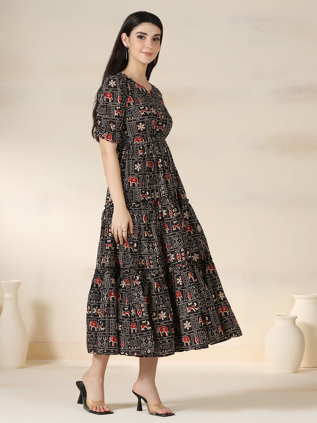 Black Rayon Printed Round Neck Half Sleeves Calf Length Flared Dress Mizazjaipur
