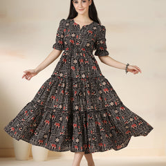 Black Rayon Printed Round Neck Half Sleeves Calf Length Flared Dress Mizazjaipur
