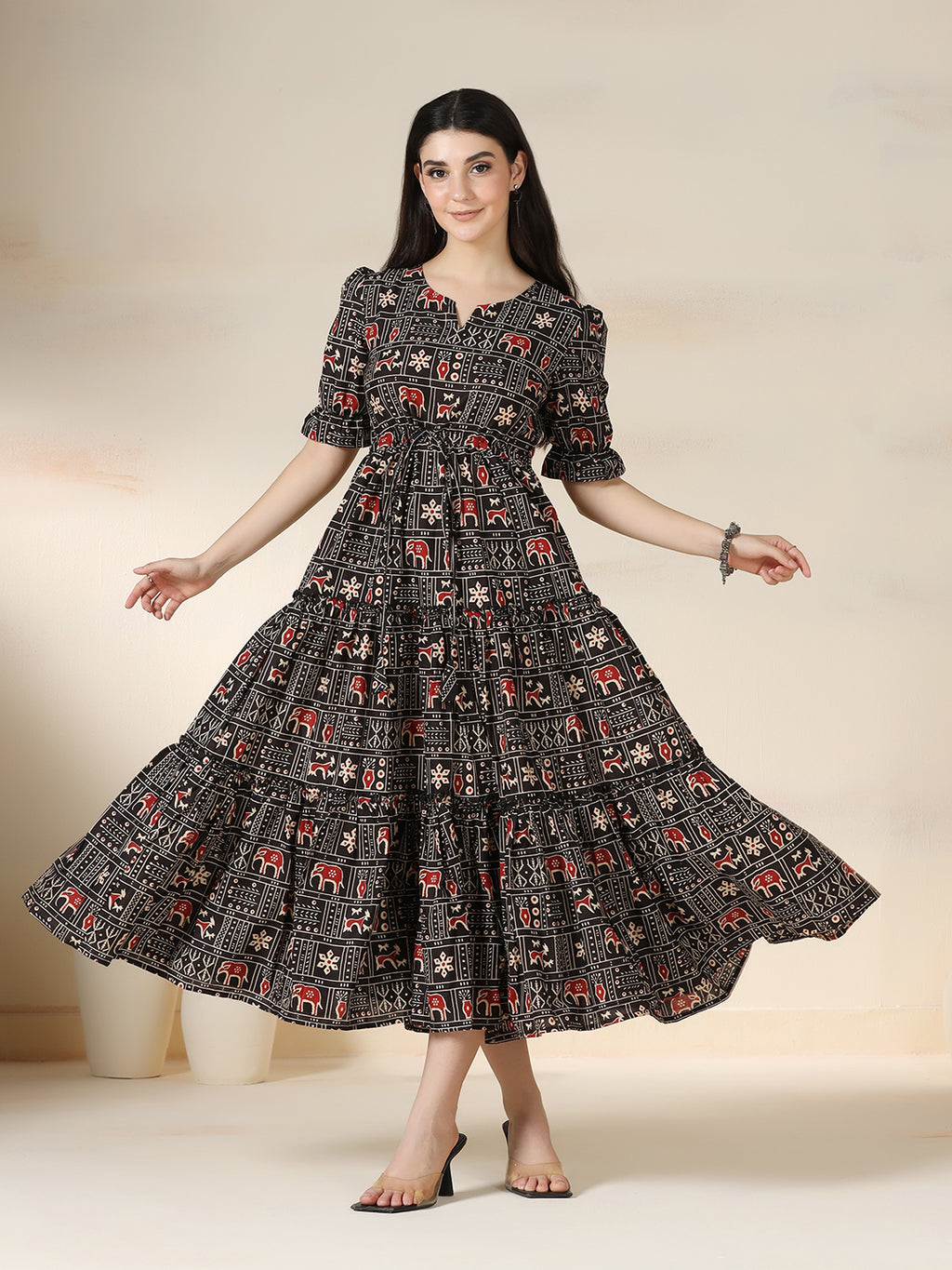 Black Rayon Printed Round Neck Half Sleeves Calf Length Flared Dress Mizazjaipur