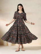 Black Rayon Printed Round Neck Half Sleeves Calf Length Flared Dress Mizazjaipur