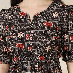 Black Rayon Printed Round Neck Half Sleeves Calf Length Flared Dress Mizazjaipur