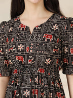 Black Rayon Printed Round Neck Half Sleeves Calf Length Flared Dress Mizazjaipur
