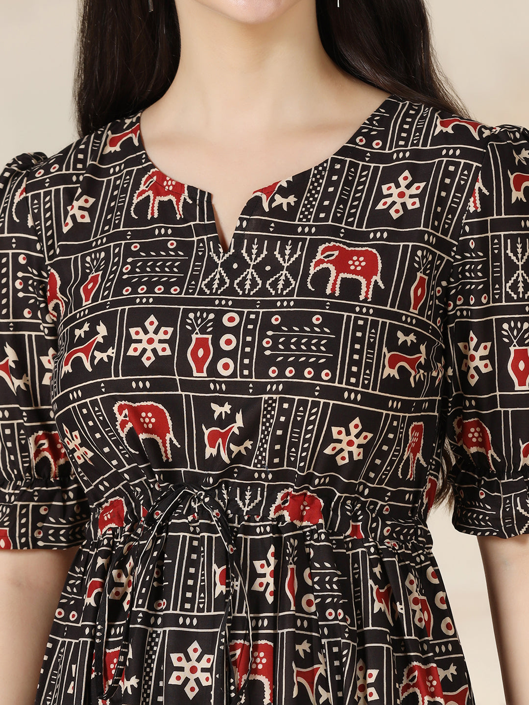 Black Rayon Printed Round Neck Half Sleeves Calf Length Flared Dress Mizazjaipur