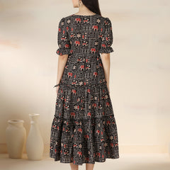Black Rayon Printed Round Neck Half Sleeves Calf Length Flared Dress Mizazjaipur