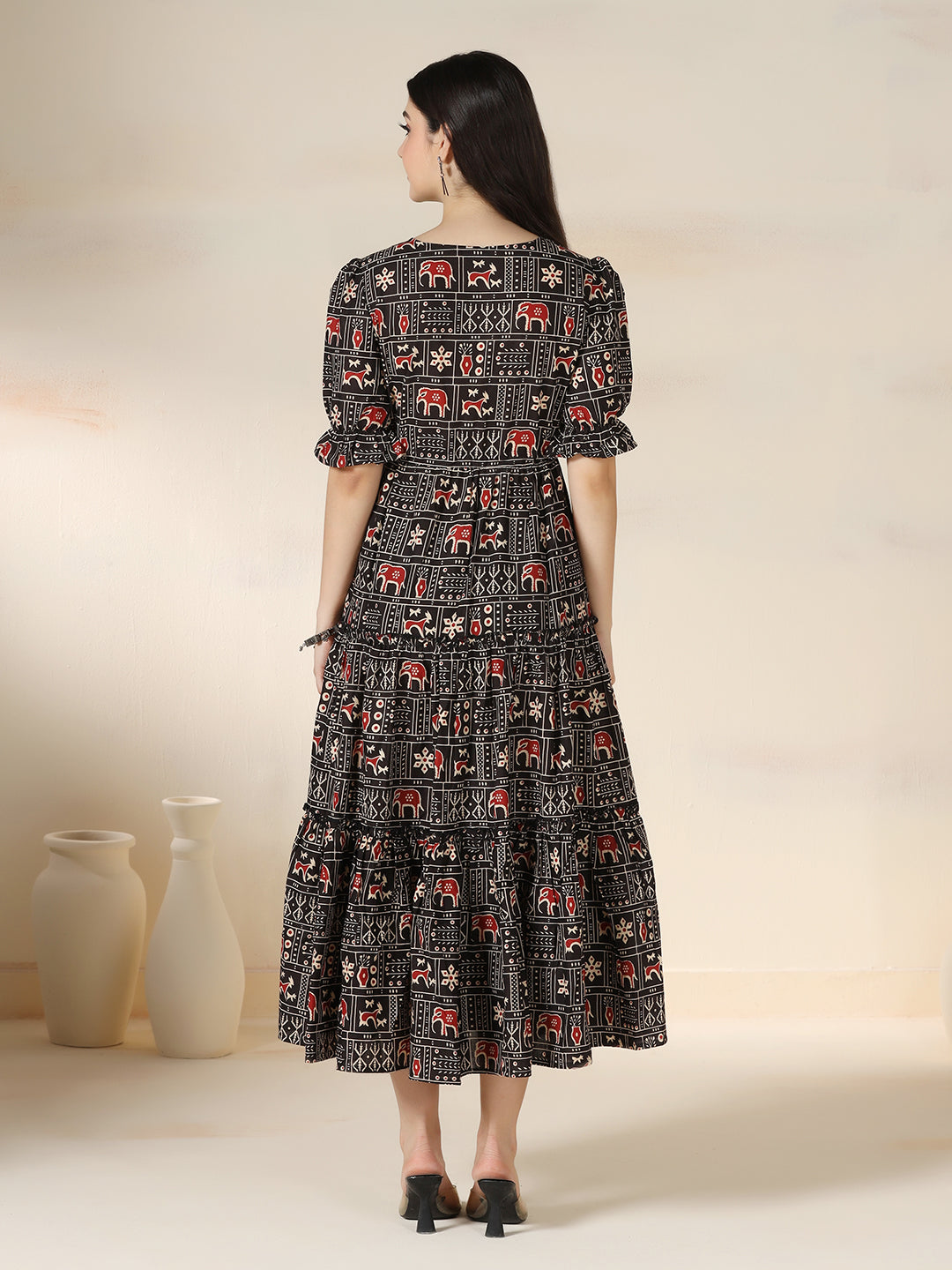 Black Rayon Printed Round Neck Half Sleeves Calf Length Flared Dress Mizazjaipur
