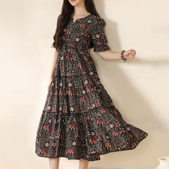 Black Rayon Printed Round Neck Half Sleeves Calf Length Flared Dress Mizazjaipur