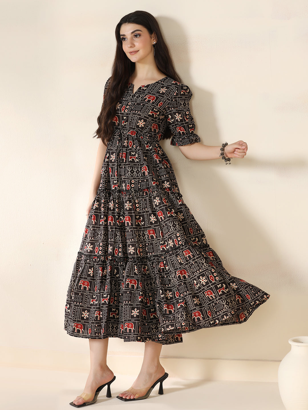 Black Rayon Printed Round Neck Half Sleeves Calf Length Flared Dress Mizazjaipur