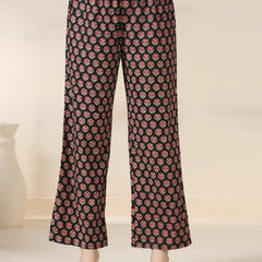 Black Pure Cotton Printed Round Neck Full Sleeves Calf Length Flared Kurta Pant And Dupatta Set Mizazjaipur