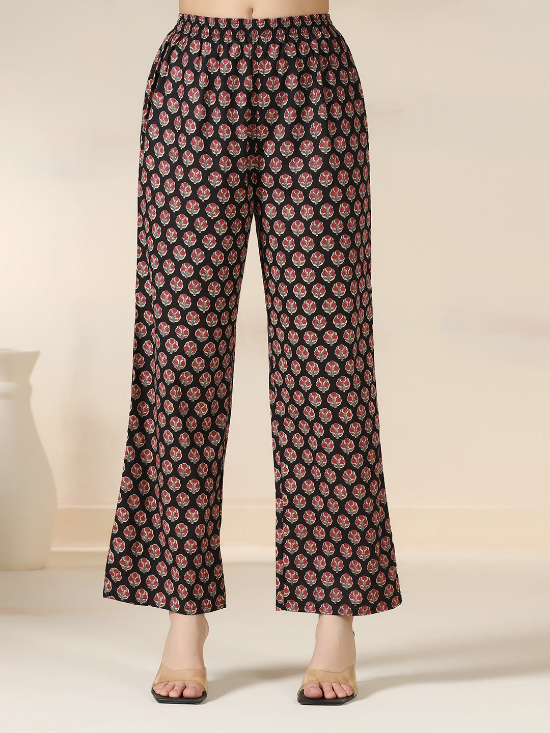 Black Pure Cotton Printed Round Neck Full Sleeves Calf Length Flared Kurta Pant And Dupatta Set Mizazjaipur