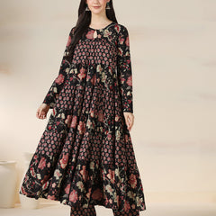 Black Pure Cotton Printed Round Neck Full Sleeves Calf Length Flared Kurta Pant And Dupatta Set Mizazjaipur