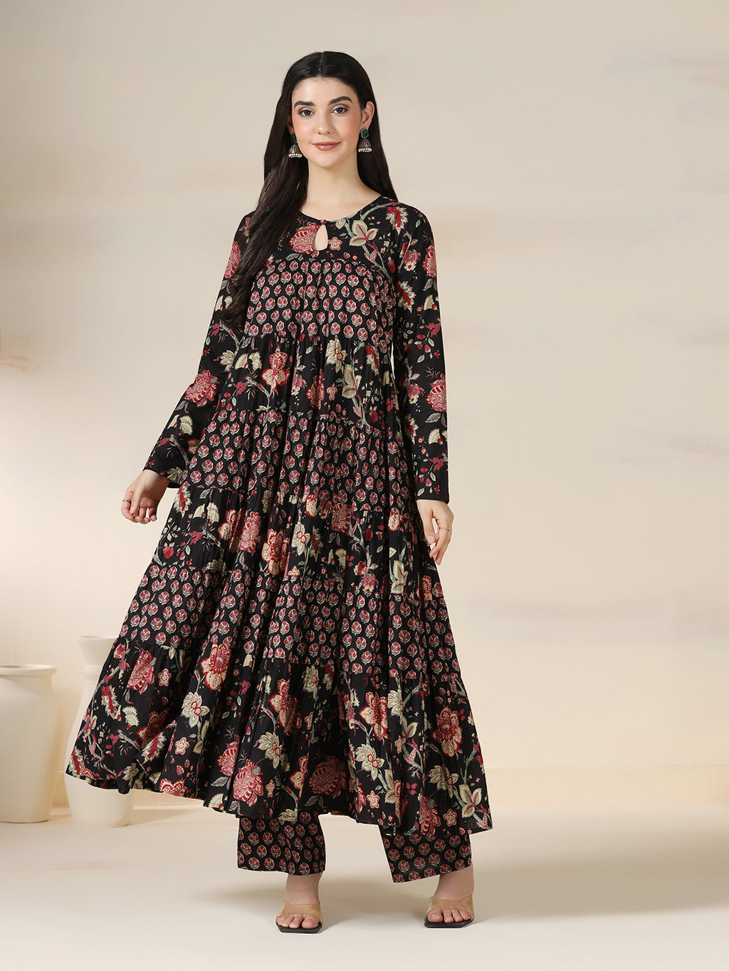 Black Pure Cotton Printed Round Neck Full Sleeves Calf Length Flared Kurta Pant And Dupatta Set Mizazjaipur