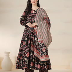 Black Pure Cotton Printed Round Neck Full Sleeves Calf Length Flared Kurta Pant And Dupatta Set Mizazjaipur