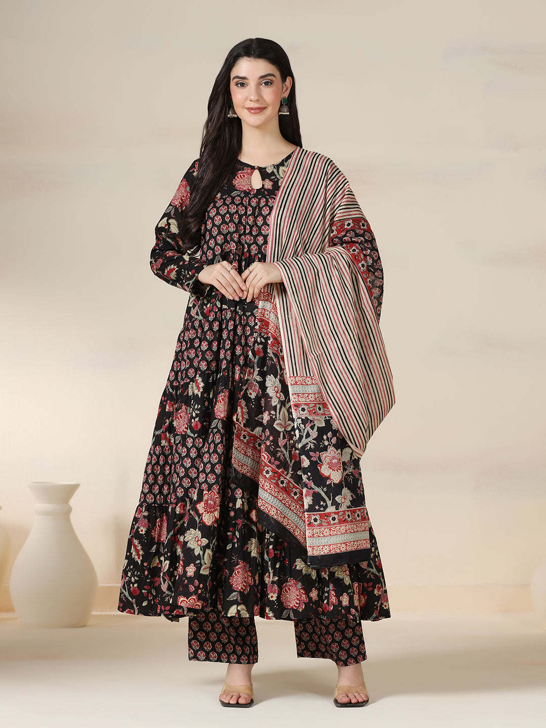 Black Pure Cotton Printed Round Neck Full Sleeves Calf Length Flared Kurta Pant And Dupatta Set Mizazjaipur