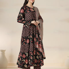 Black Pure Cotton Printed Round Neck Full Sleeves Calf Length Flared Kurta Pant And Dupatta Set Mizazjaipur