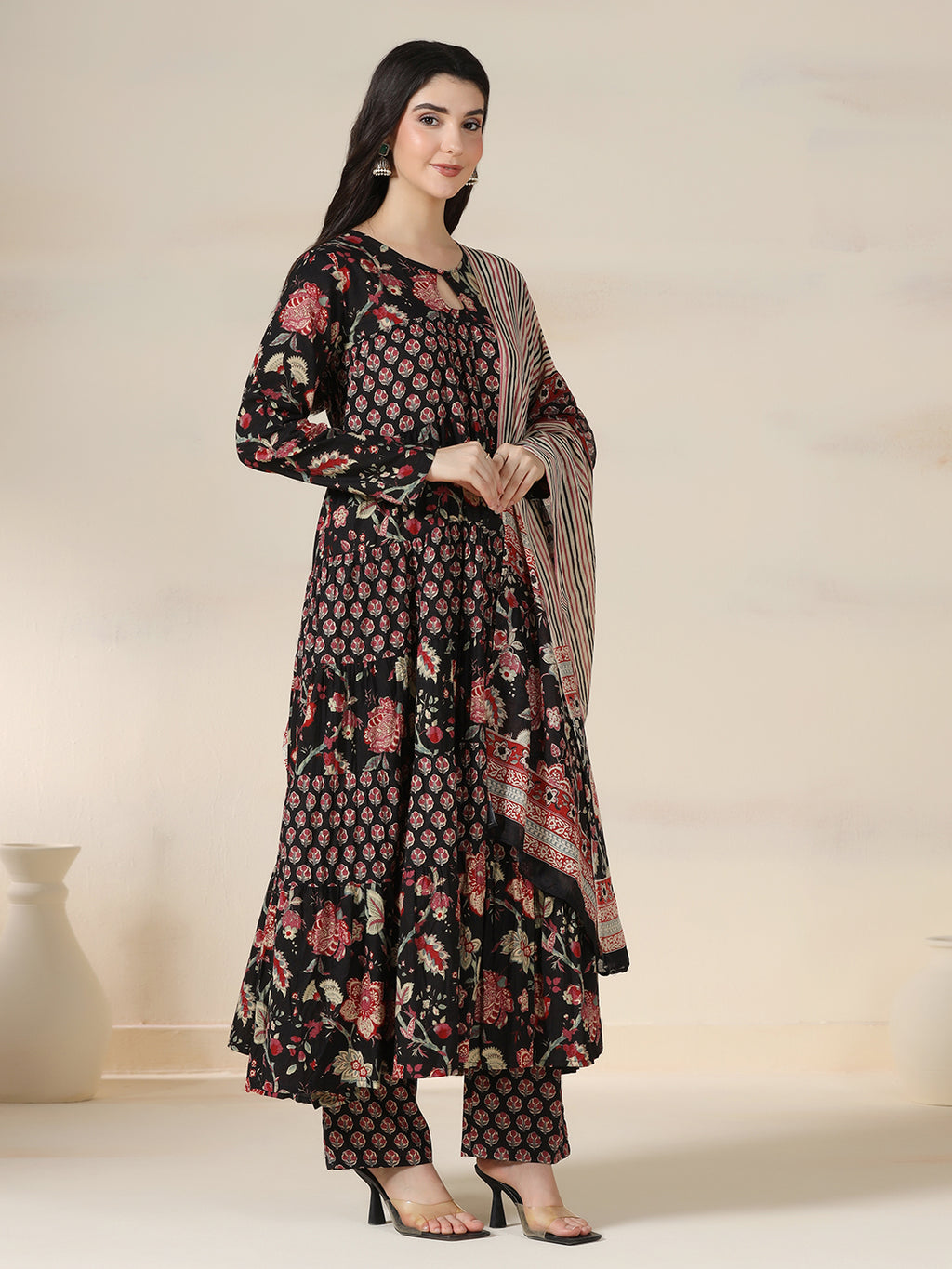 Black Pure Cotton Printed Round Neck Full Sleeves Calf Length Flared Kurta Pant And Dupatta Set Mizazjaipur