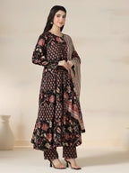 Black Pure Cotton Printed Round Neck Full Sleeves Calf Length Flared Kurta Pant And Dupatta Set Mizazjaipur