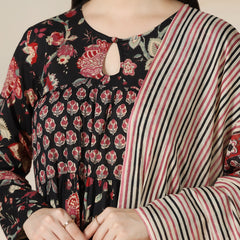 Black Pure Cotton Printed Round Neck Full Sleeves Calf Length Flared Kurta Pant And Dupatta Set Mizazjaipur