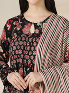 Black Pure Cotton Printed Round Neck Full Sleeves Calf Length Flared Kurta Pant And Dupatta Set Mizazjaipur
