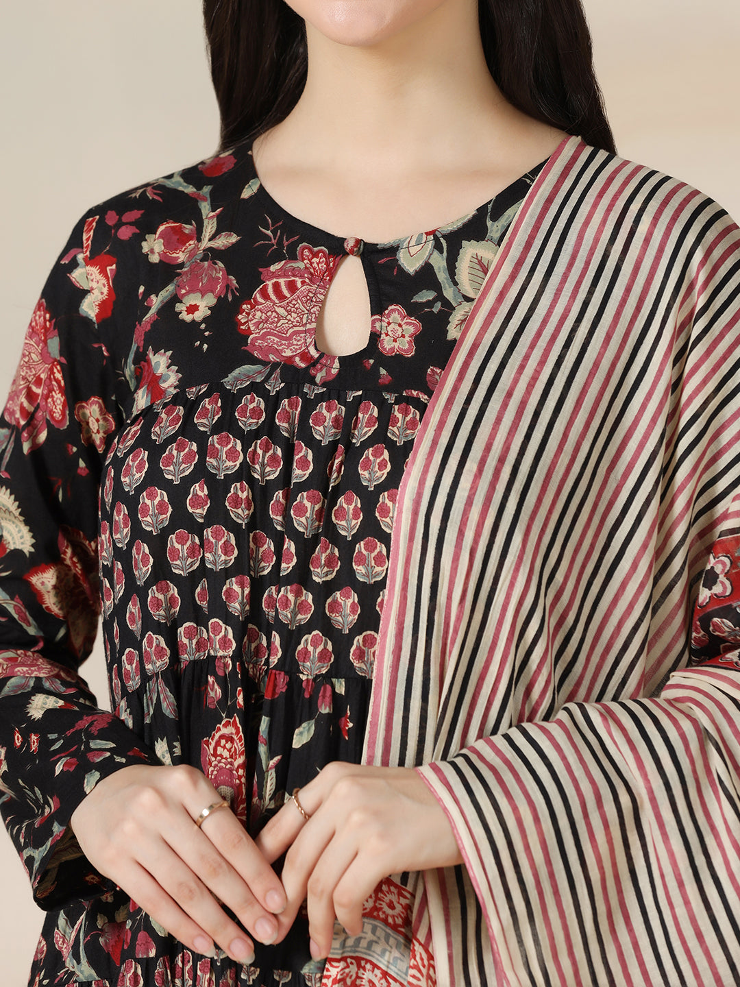 Black Pure Cotton Printed Round Neck Full Sleeves Calf Length Flared Kurta Pant And Dupatta Set Mizazjaipur