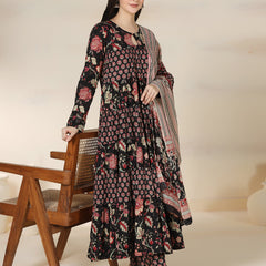 Black Pure Cotton Printed Round Neck Full Sleeves Calf Length Flared Kurta Pant And Dupatta Set Mizazjaipur
