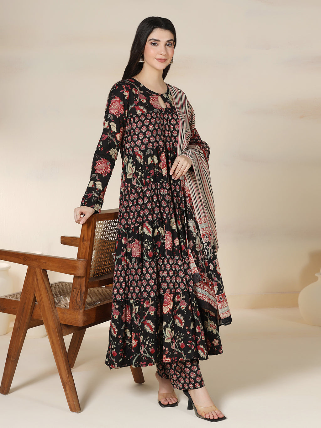 Black Pure Cotton Printed Round Neck Full Sleeves Calf Length Flared Kurta Pant And Dupatta Set Mizazjaipur