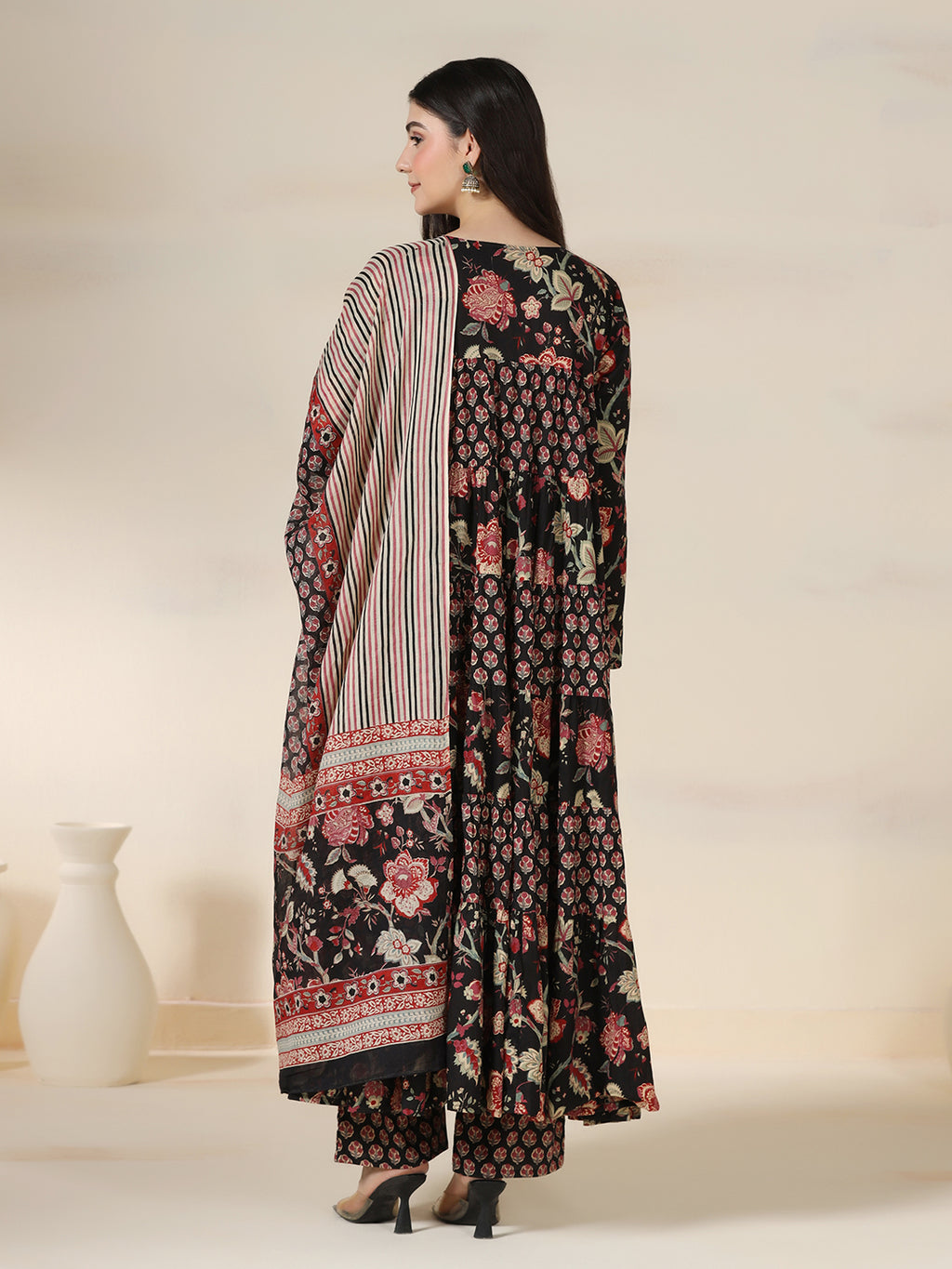 Black Pure Cotton Printed Round Neck Full Sleeves Calf Length Flared Kurta Pant And Dupatta Set Mizazjaipur
