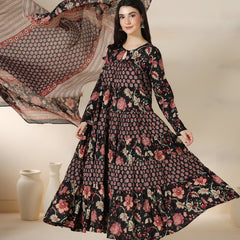 Black Pure Cotton Printed Round Neck Full Sleeves Calf Length Flared Kurta Pant And Dupatta Set Mizazjaipur
