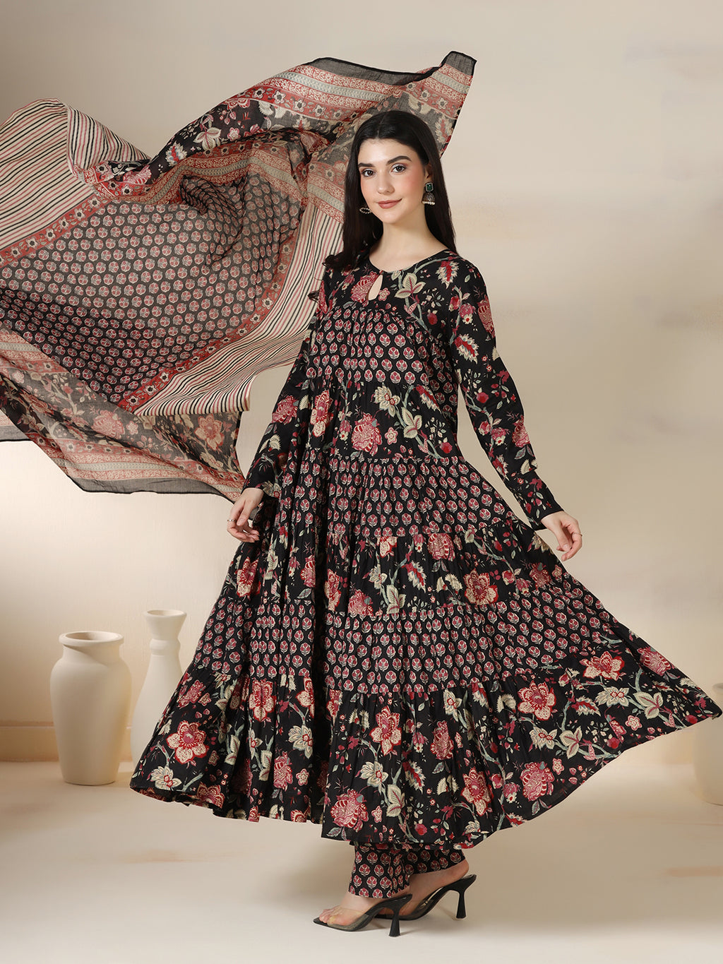 Black Pure Cotton Printed Round Neck Full Sleeves Calf Length Flared Kurta Pant And Dupatta Set Mizazjaipur