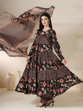Black Pure Cotton Printed Round Neck Full Sleeves Calf Length Flared Kurta Pant And Dupatta Set Mizazjaipur