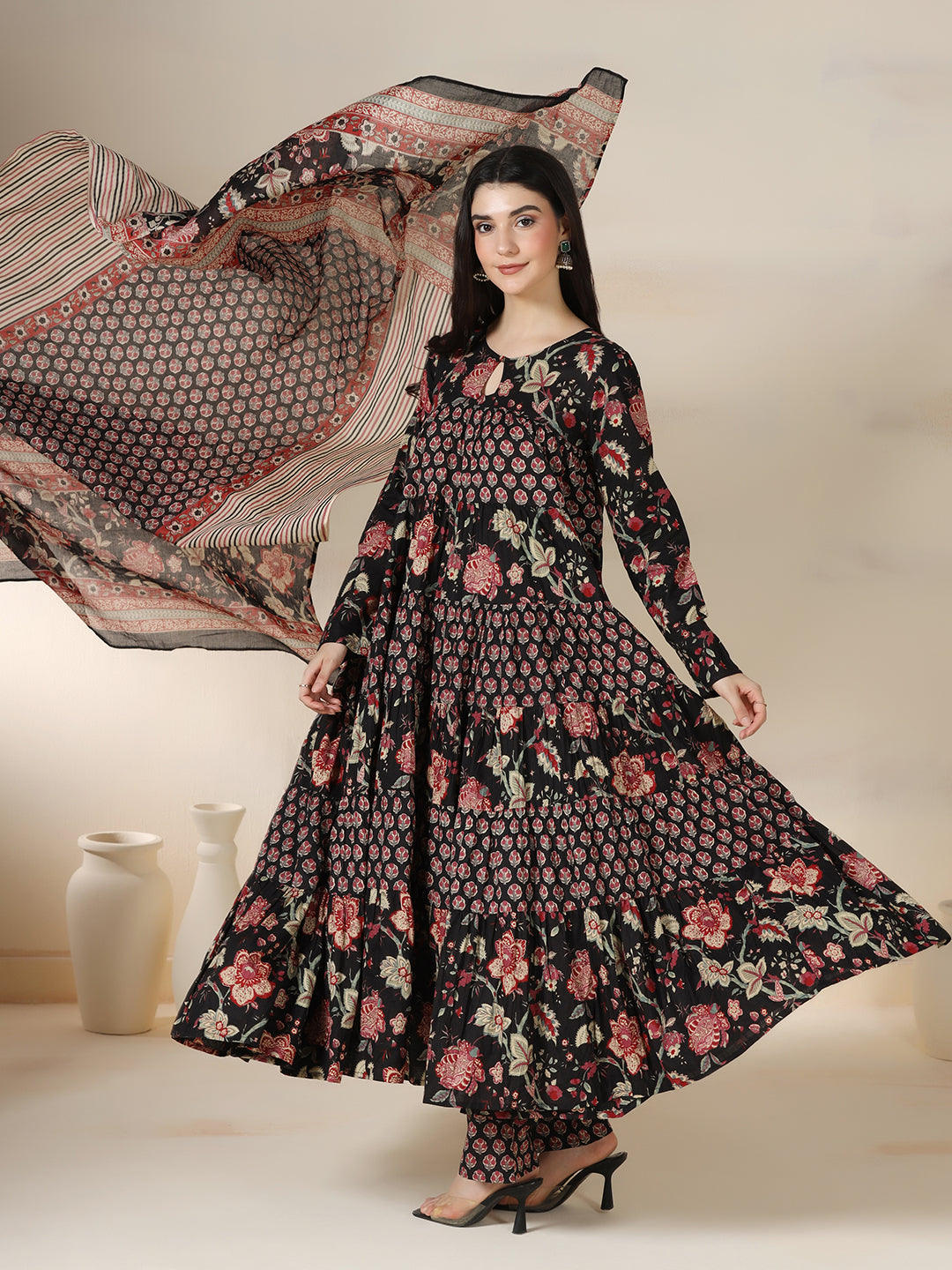 Black Pure Cotton Printed Round Neck Full Sleeves Calf Length Flared Kurta Pant And Dupatta Set Mizazjaipur