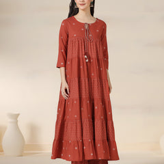 Rustorange Pure Cotton Printed Round Neck 3/4 Sleeves Calf Length Flared Kurta Pant And Dupatta Set Mizazjaipur