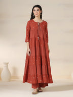 Rustorange Pure Cotton Printed Round Neck 3/4 Sleeves Calf Length Flared Kurta Pant And Dupatta Set Mizazjaipur