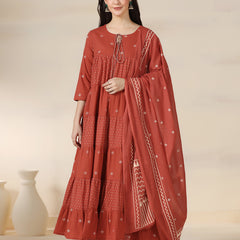 Rustorange Pure Cotton Printed Round Neck 3/4 Sleeves Calf Length Flared Kurta Pant And Dupatta Set Mizazjaipur