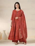 Rustorange Pure Cotton Printed Round Neck 3/4 Sleeves Calf Length Flared Kurta Pant And Dupatta Set Mizazjaipur