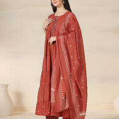 Rustorange Pure Cotton Printed Round Neck 3/4 Sleeves Calf Length Flared Kurta Pant And Dupatta Set Mizazjaipur
