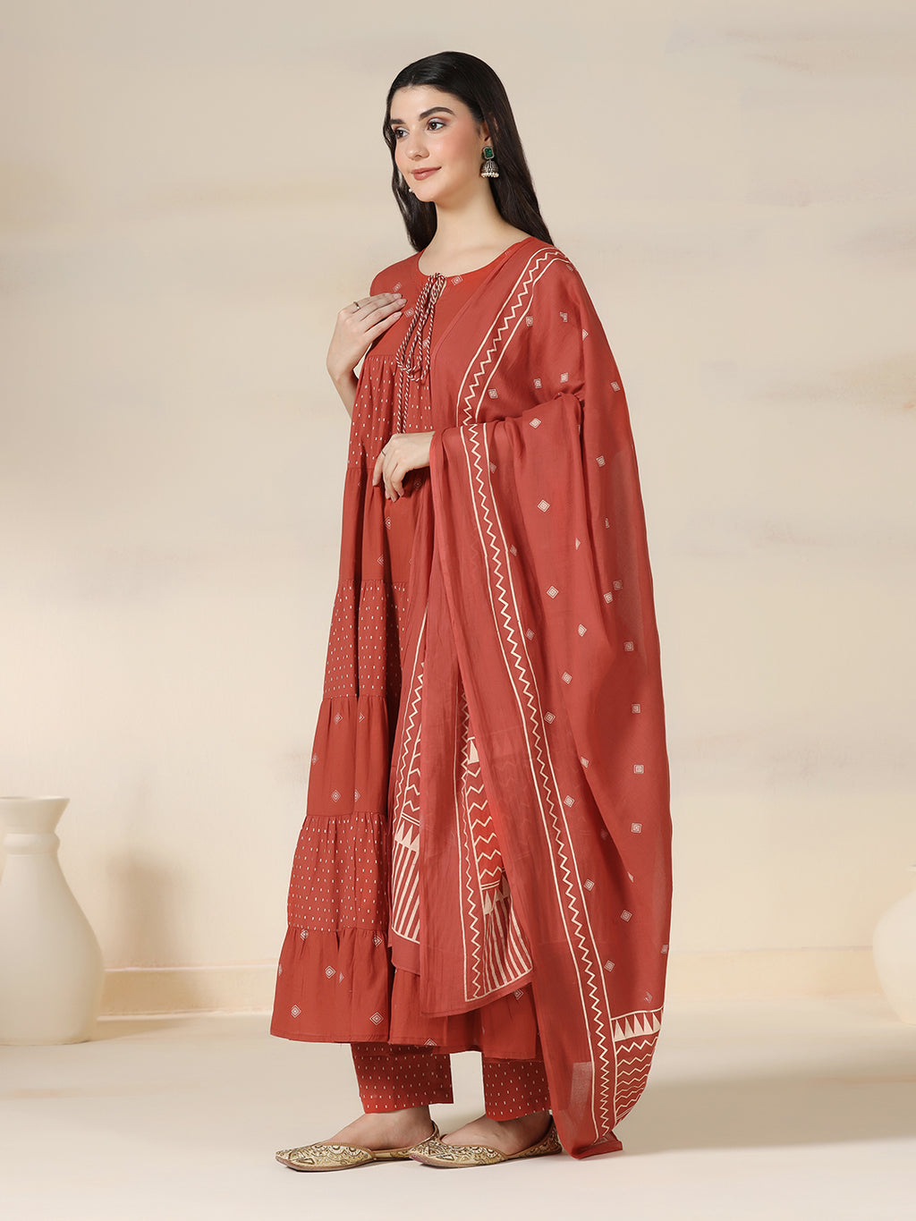 Rustorange Pure Cotton Printed Round Neck 3/4 Sleeves Calf Length Flared Kurta Pant And Dupatta Set Mizazjaipur