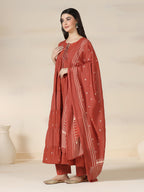 Rustorange Pure Cotton Printed Round Neck 3/4 Sleeves Calf Length Flared Kurta Pant And Dupatta Set Mizazjaipur