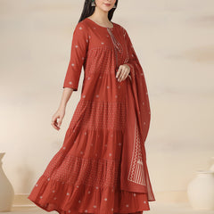 Rustorange Pure Cotton Printed Round Neck 3/4 Sleeves Calf Length Flared Kurta Pant And Dupatta Set Mizazjaipur