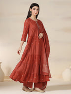 Rustorange Pure Cotton Printed Round Neck 3/4 Sleeves Calf Length Flared Kurta Pant And Dupatta Set Mizazjaipur